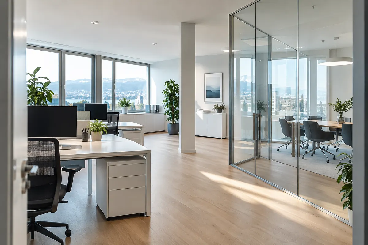 Helles Büro mit Glaswänden – illustrative Darstellung