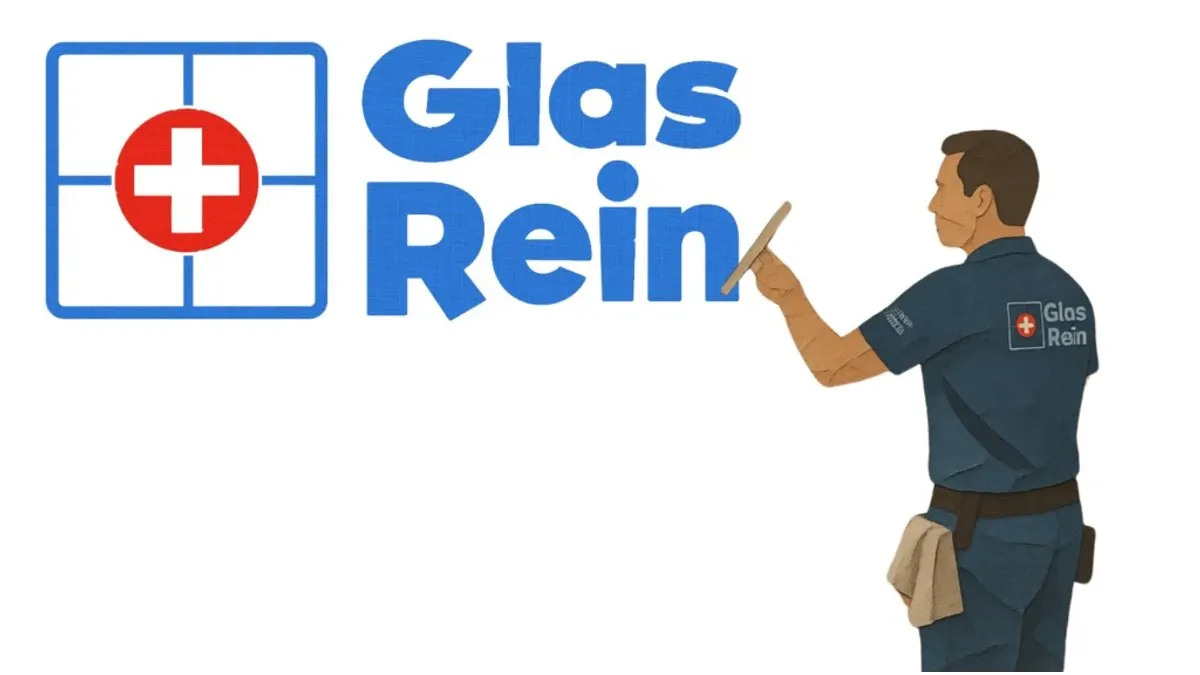GlasRein.ch illustration with the logo and a window cleaner